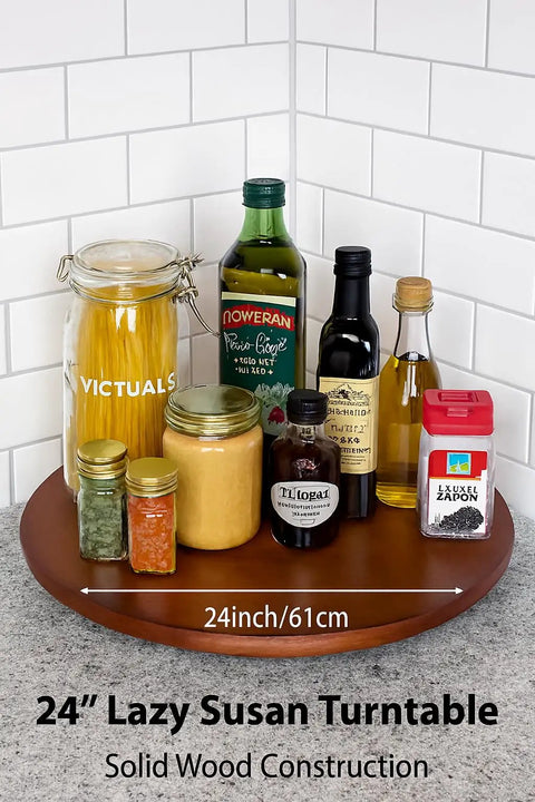 24 Inch Round Wooden Lazy Susan Turntable For Kitchen Cabinet Storage And Spicy Condiments on countertop with jars and bottles