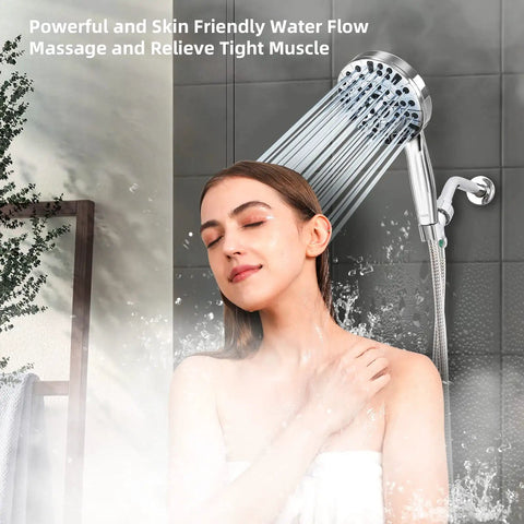 Person enjoying High Pressure Shower Head With Handheld 10 Functions Pause Mode Power Wash Non Clogging Nozzles