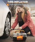 Beefy Heavy Duty 12V DC Double Cylinder Tire Inflator Air Compressor With Emergency LED Light in use on car tire