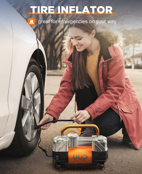 Beefy Heavy Duty 12V DC Double Cylinder Tire Inflator Air Compressor With Emergency LED Light in use on car tire