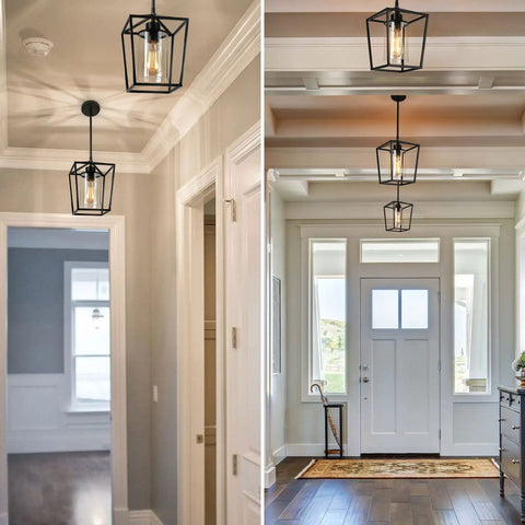 Dope Industrial Black Pendant Light 1 Light with Iron Cage in hallway and entryway, mounted over doorways, clear glass shade.