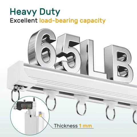 Ultra Quiet Ceiling Curtain Track Aluminum Rail White 6 To 9 Feet Heavy Duty With Sound Dampening Strips And Low Friction Pulleys For Smooth Drapery Operation, 6.5 lb load