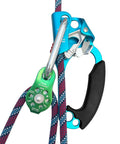 Rocky 28kN Zipline Pulley And 26kN Micro Pulley Set With Stainless Steel Bearings, CE Certified, attached to rope.