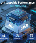 Close-up of Intel Atom Z8350 processor highlighting 4GB RAM and 64GB storage for Tough As Nails Eight Inch Windows 10 Industrial Tablet.
