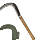 Josun Sickle Hand Forged Weeding And Brush Clearing Tool With Razor Sharp Blade And Chestnut Wood Handle Built For Beefy Heavy Duty Yard Work Ideal For Clearing Thick Grass Overgrowth Vines And Dense Brush In Gardens, shown next to its protective sheath.