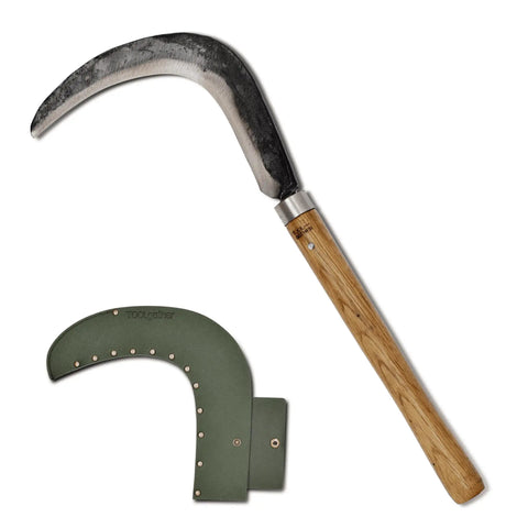 Josun Sickle Hand Forged Weeding And Brush Clearing Tool With Razor Sharp Blade And Chestnut Wood Handle Built For Beefy Heavy Duty Yard Work Ideal For Clearing Thick Grass Overgrowth Vines And Dense Brush In Gardens, shown next to its protective sheath.