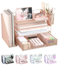 Rose Gold 4 Tier Desk File Organizer With 4 Letter Trays Vertical File Holder Sliding Drawer And 2 Pen Holders For Desktop