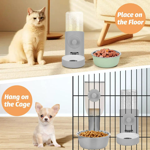 Heavy Duty Gravity Pet Feeder And Automatic Water Dispenser Set That Anchors Firmly To Cage Bars Blocks Spills And Keeps Kibble Dry with cat and puppy