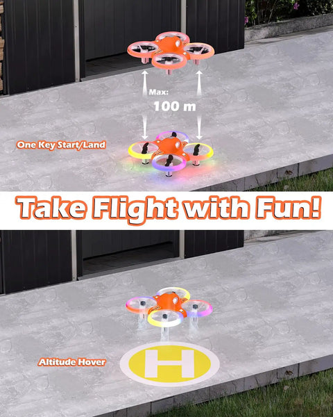 Colorful RGB Lights Mini Indoor RC Drone Quadcopter for kids with altitude hold demonstrating takeoff and landing outdoors.