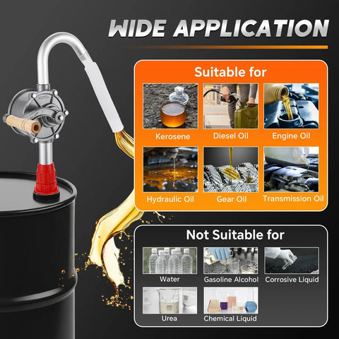 Heavy Duty Hand Crank Drum Pump For 55 Gallon Barrels With Adjustable Aluminum Suction Tube, showing liquid transfer from drum.