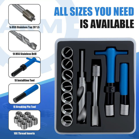 15 Piece M20x1.5 Thread Repair Kit with Stainless Steel Wire Coil Inserts displayed with tools and coils in packaging