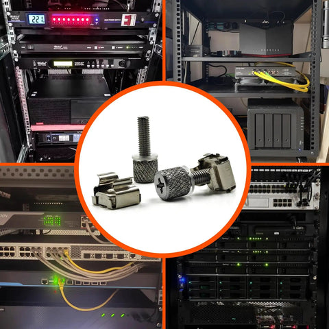 25 Pack Tool Free Hand Twist Rack Screws And 19 Inch Square Hole Cage Nuts Kit, shown securing AV equipment in a server rack.