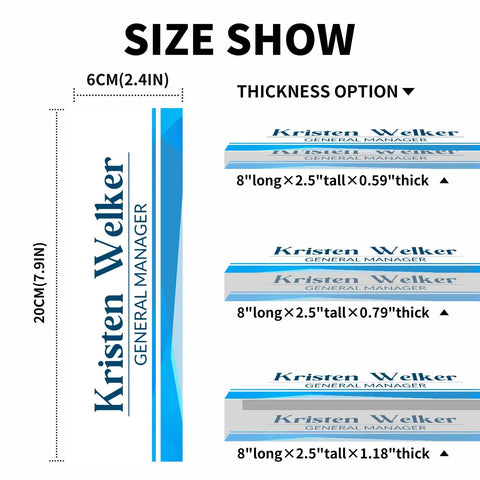 Diagram of Custom Acrylic Desk Name Plate For Office Use, showcasing size and thickness options with blue crystal-clear design.