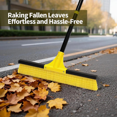 Heavy Duty Push Broom With 60 Inch Long Handle And 18 Inch Stiff Bristle Head For Floor Cleaning Indoors Outdoors in use on leaves