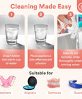 Instructions for using Daily Retainer Cleaner Tablets for Invisalign and Night Guards showing steps to remove stains, odors, and plaque.