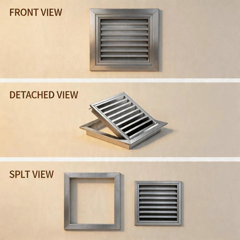 Heavy Duty Rock Solid Louvered Access Panel For Drywall Stainless Steel Inspection Door shown in front, detached, and split views.