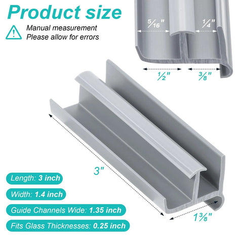 Gray Sliding Shower Door Bottom Track For One Half Inch And Three Eighth Inch Track Grooves, Compatible With Glass Doors Seven Sixteenth Inch And Five Sixteenth Inch Thick, Durable Replacement Two Pack For Easy Installation And Smooth Sliding, 1-3/8 inch width and 3 inch length PVC design, close-up view with measurements.