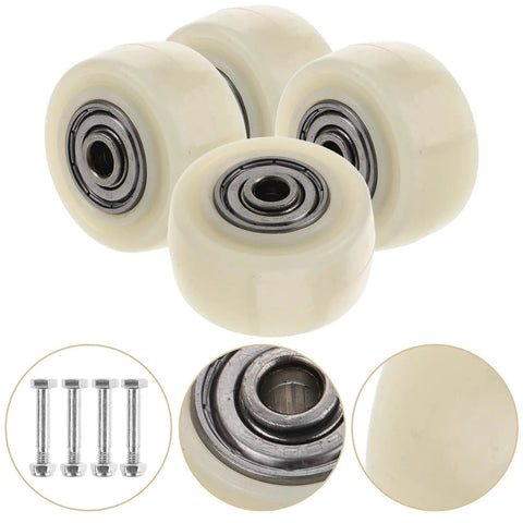 Top Notch 4 Pack 1.5 Inch Nylon Caster Wheels showing beige wheels with metal cores, includes screws for installation.
