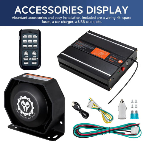 Beefy 12V Emergency Siren Speaker PA System Kit With Remote 200W 125-150dB Multi Tone Sirens components display