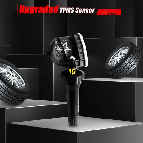 Pre Programmed Tpms Tire Pressure Monitoring Sensor 315 Mhz Straight Up Bolt On Replacement For Chevy Cadillac Gmc Trucks And Suv Models 2006 Through 2022 on a black background with a tire.