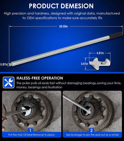 Heavy Duty Hub Oil Seal Remover Tool for Trailers and Trucks with dimensions, easy hub seal puller for steering axles demonstration