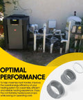 Outdoor pool heating system with white PVC pipes, including a dark gray heat pump and a round gray filter tank.