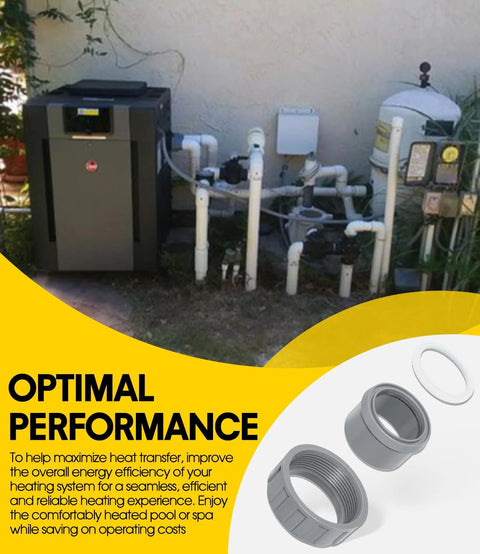 Outdoor pool heating system with white PVC pipes, including a dark gray heat pump and a round gray filter tank.