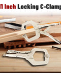 11 Inch Locking C Clamp Set 5 Pack Locking Pliers With Adjustable Welding Vise Clamps on a wooden board