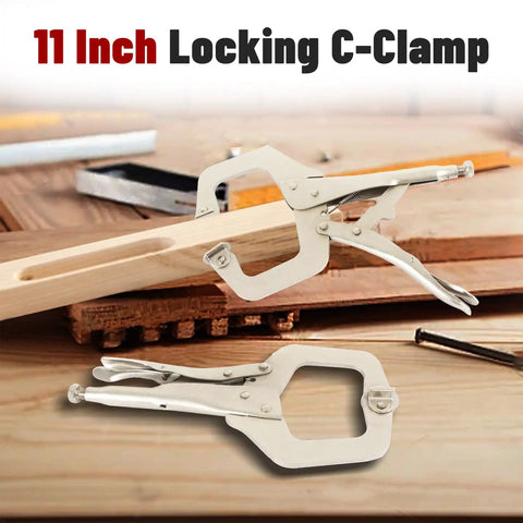 11 Inch Locking C Clamp Set 5 Pack Locking Pliers With Adjustable Welding Vise Clamps on a wooden board