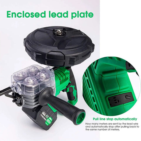 Heavy Duty Cordless Electric Pipe Threader Tool with enclosed lead plate for automatic wire pulling, 550Nm torque.