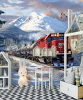 Self Adhesive Train Wall Mural With Steam Locomotive Design, 3D Depth And Embossed Texture, perfect for kids room decor.