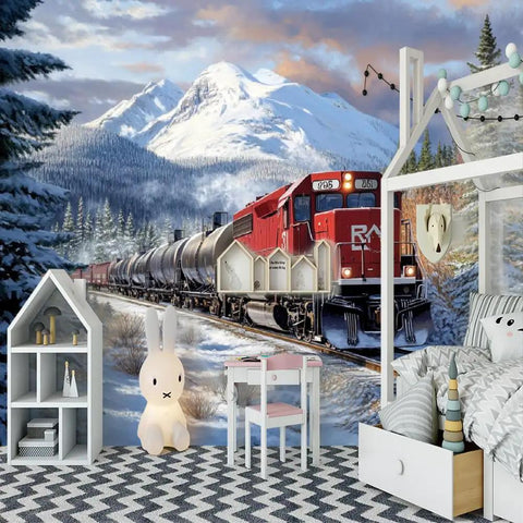 Self Adhesive Train Wall Mural With Steam Locomotive Design, 3D Depth And Embossed Texture, perfect for kids room decor.