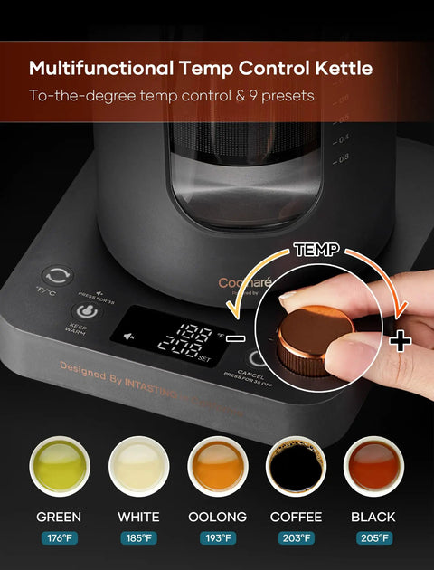 Close-up of Glass Electric Tea Kettle With Tea Infuser And Precise Temperature Knob 1200W Fast Heating BPA Free 1 Liter Dark Gray