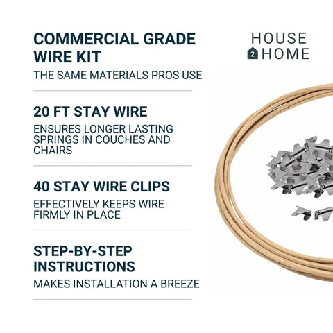 Pro Level Upholstery Stay Wire For Sofa And Loveseat Springs Boasts Forty Grip Tight Clips Twenty Foot Paper Wrapped Cord No Sweat Furniture Restoration Gear Plus Bonus Storage Bag, showing brown steel wire and metal clips.