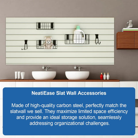 Ultimate Slatwall Storage Kit For Garage And Shop Organization with 3 baskets and hooks on slat wall above sinks