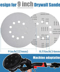 9 Inch 10 Hole White Sanding Discs For Drywall Sander With Quick Change Hook And Loop Backing 25 Pack displayed with dimensions