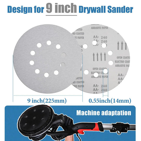 9 Inch 10 Hole White Sanding Discs For Drywall Sander With Quick Change Hook And Loop Backing 25 Pack displayed with dimensions