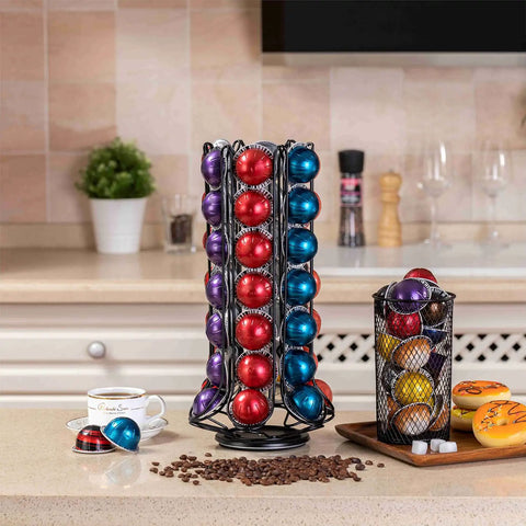Nespresso Vertuo Pod Holder Carousel Stand 360 Degree Spinning Coffee Capsule Organizer For 60 Pods on a kitchen countertop