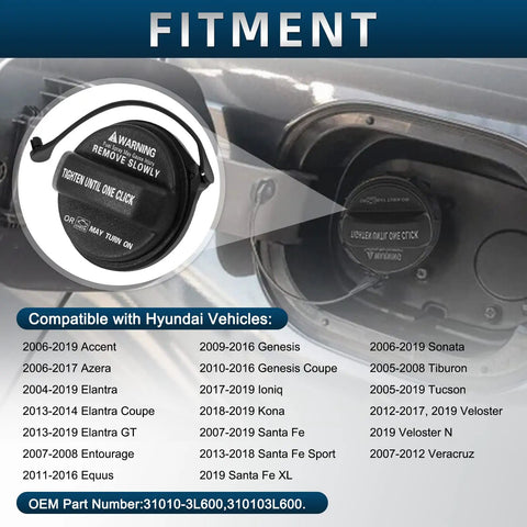 Image of Hyundai Fuel Tank Cap Gas Cap Replacement showing fitment details for models including 2006 to 2019 Accent, 2006 to 2017 Azera.