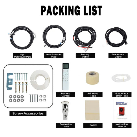 Packing list for 12V Truck Parking Air Conditioner 9600 BTU Mini Split In Cab AC with cables, remote, and accessories.