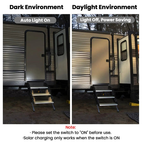 Solar RV Step Lights For Camper And Trailer, No Wire LED Stair Light Strip, IP65 Waterproof, Auto On At Dusk, installed view