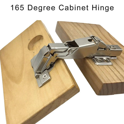 165 Degree Wide Angle Cabinet Hinge With Soft Close No Drill Easy Install For Full Overlay Doors displayed on wood panels