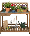 Garden Potting Bench With Metal Tabletop And Drawer Outdoor Potting Table Workstation With Storage Shelf And Open Shelf Fir Wood