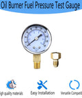Oil burner pressure gauge with 0-200 PSI range and adapter, features chrome bezel and 1/8 inch NPT port for easy installation.