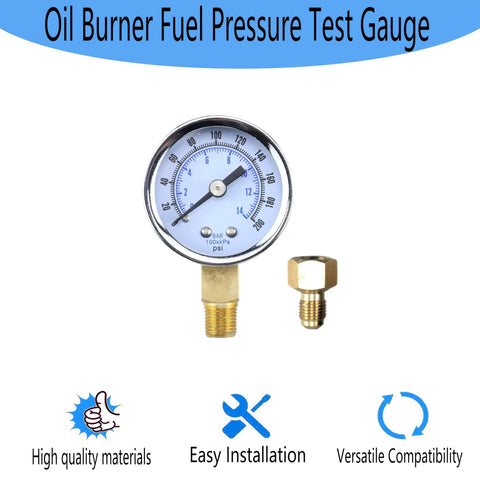 Oil burner pressure gauge with 0-200 PSI range and adapter, features chrome bezel and 1/8 inch NPT port for easy installation.