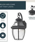 Newbury 14 Inch Outdoor Wall Lantern in Mystic Black With Clear Beveled Glass, showing solid brass and weather resistance features