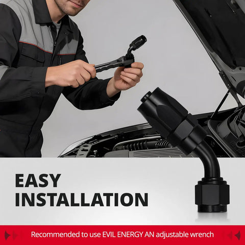 6AN Hose End Fitting Kit Straight 45 Degree And 90 Degree Swivel For CPE Braided Hose Aluminum 6061T6 Anodized Black High Flow 1500 PSI Max Working Pressure installed on car hose