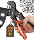 Heavy Duty Pro Grade Grommet Tool Kit Three Eighths Inch With Detachable Head Eyelet Pliers and 500 Silver Grommets in use