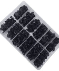 Rig Ready Black Nylon Push Type Retainer Clip Assortment Kit For Auto Bumper Fender Liner Trim Panel Fasteners in clear organizer.