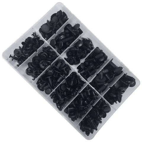 Rig Ready Black Nylon Push Type Retainer Clip Assortment Kit For Auto Bumper Fender Liner Trim Panel Fasteners in clear organizer.